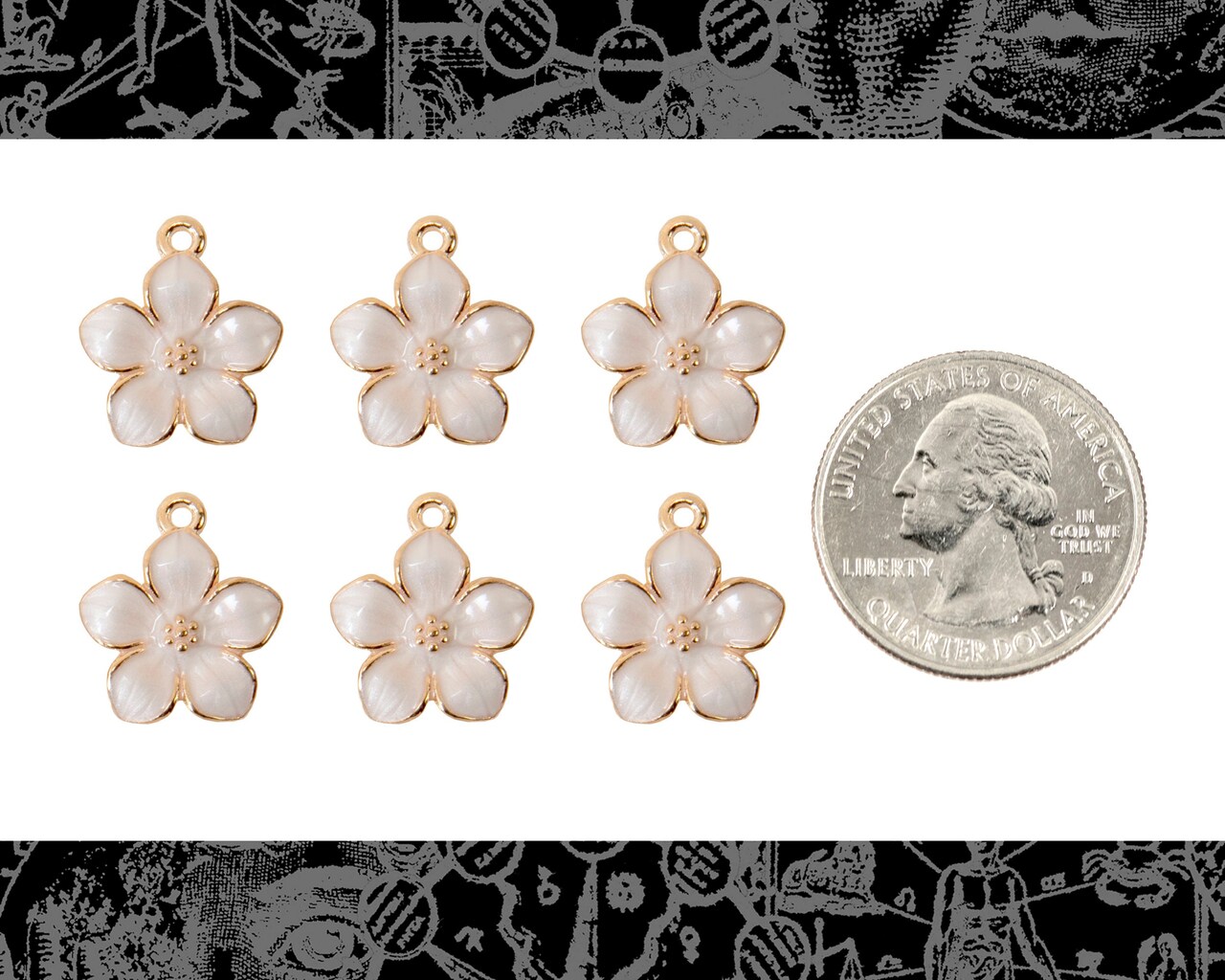 Gold Finish and White Enamel Flower Charms - Set of Six - XXX - ZG-C58